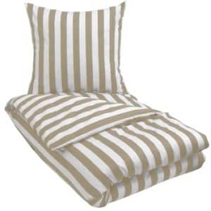 Stribet sengetøj 140x220 cm - Sandfarvet og hvidt sengesæt - 100% Bomuldssatin sengetøj - Nordic Stripe