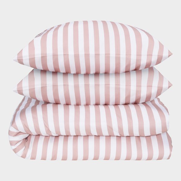 Bambus sengetøj hvid/gammel rosa stribet bred 200x200 200x200