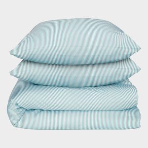 Bambus sengetøj hvid/havblå stribet 200x200 200x200