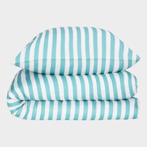 Bambus sengetøj hvid/havblå stribet bred 140x220 140x220