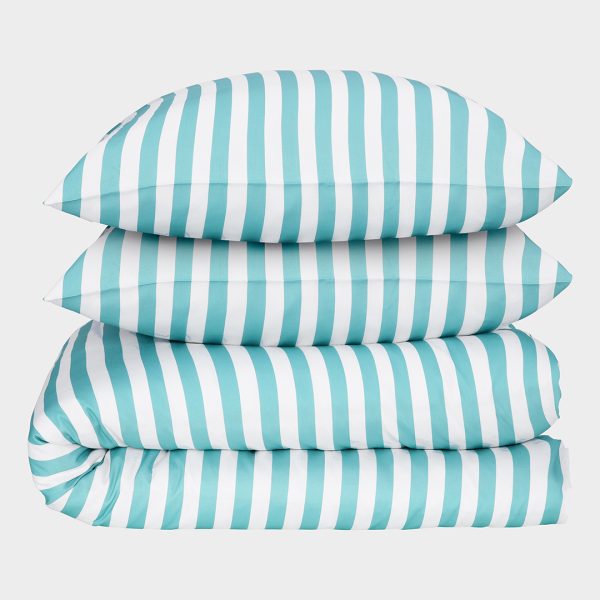 Bambus sengetøj hvid/havblå stribet bred 200x200 200x200