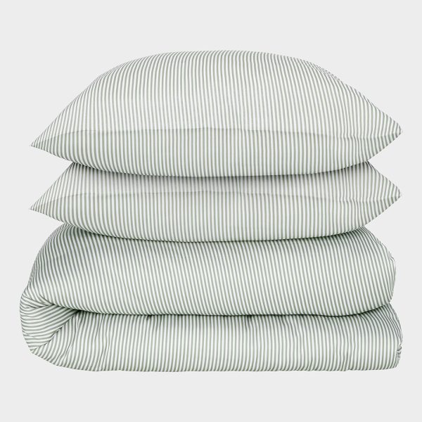 Bambus sengetøj hvid/oliven stribet 200x200 200x200