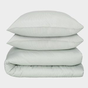 Bambus sengetøj hvid/oliven stribet 200x220 200x220