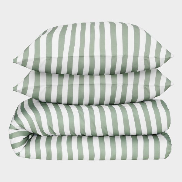 Bambus sengetøj hvid/oliven stribet bred 240x220 240x220