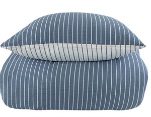 Sengetøj 200x220 cm - Blåt & hvidt stribet sengetøj - Bæk og Bølge - 2 i 1 design - By Night sengetøj i krepp
